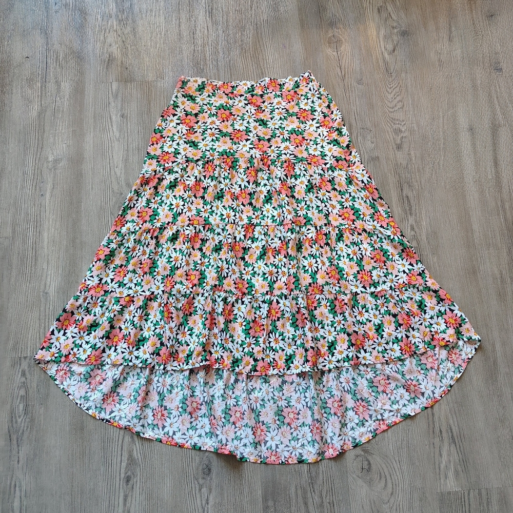 Floral High-Low Tiered Skirt - White & Multi